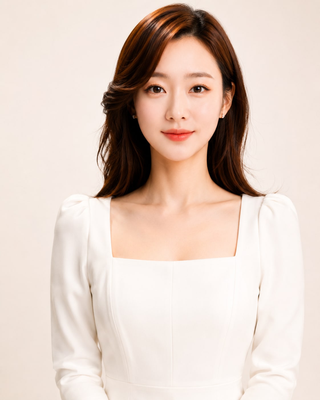 비기닝 프로필 23/63 — 사이드 미디엄 C컬 · 맑은 코랄 메이크업으로 단정하고 화사한 프로필을 완성했습니다.