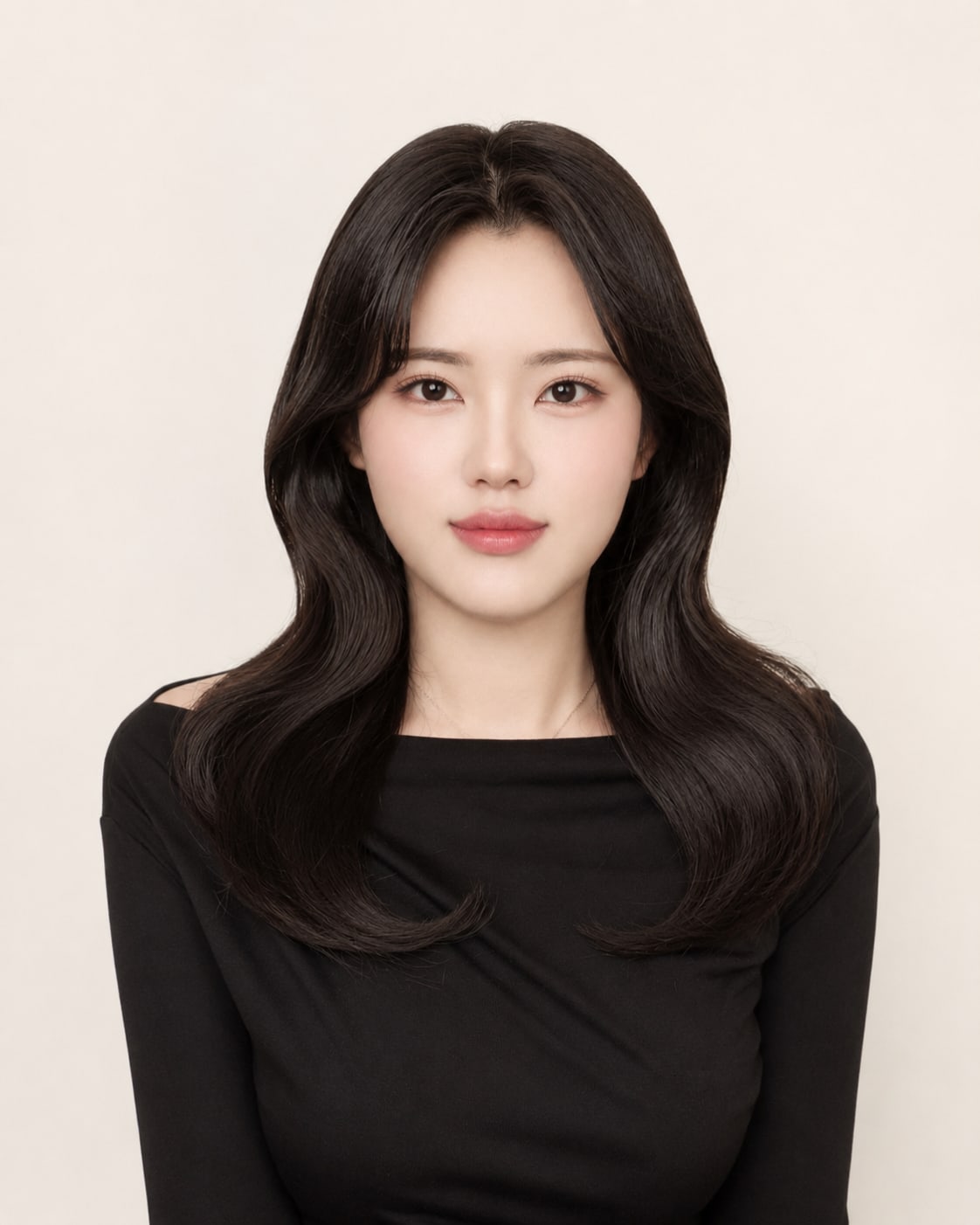 비기닝 프로필 32/63 — 센터 파트 롱 웨이브 · 맑은 피부와 핑크 립으로 청순하고 단정한 인상을 살렸습니다.