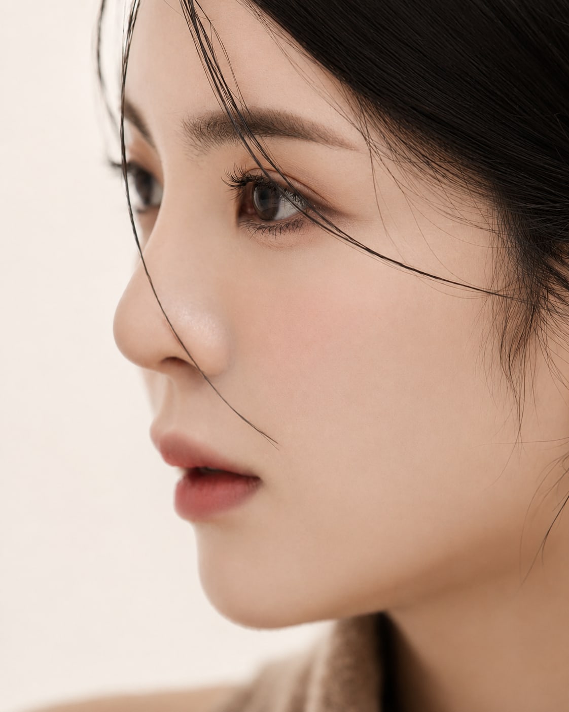 비기닝 프로필 33/63 — 웨트 잔머리 스타일 · 촉촉한 글로우 메이크업으로 감각적인 클로즈업 뷰티 컷을 완성했습니다.