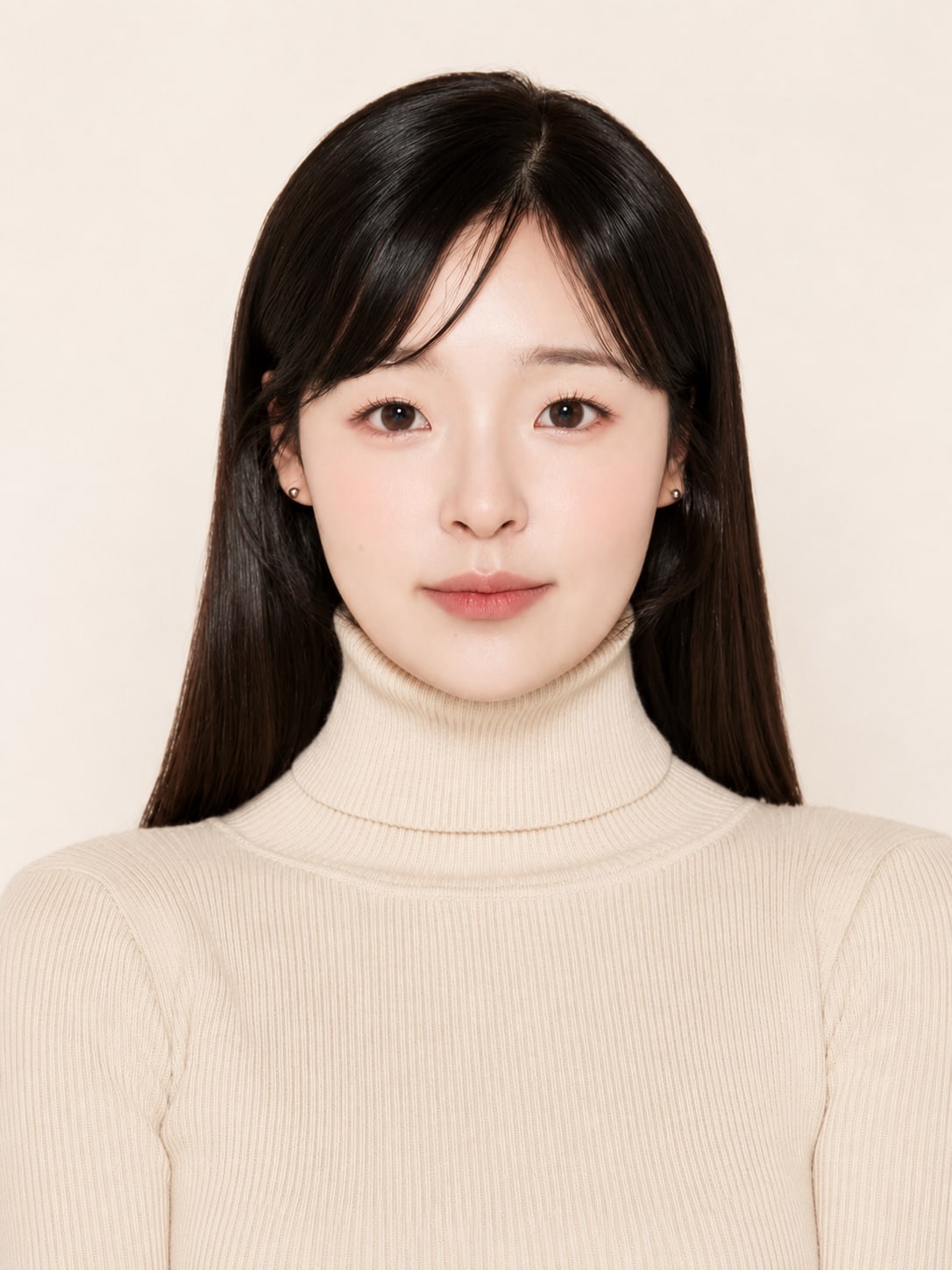비기닝 프로필 34/63 — 센터 파트 롱 스트레이트 · 절제된 누드 메이크업으로 깨끗하고 차분한 이미지를 표현했습니다.