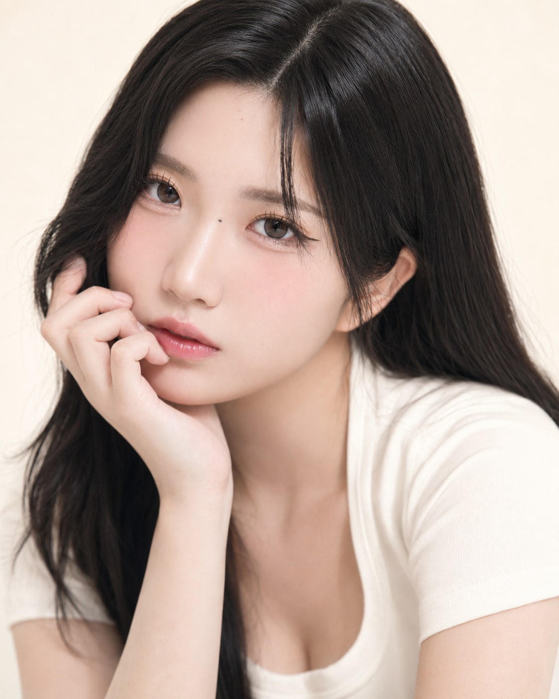 비기닝 프로필 42/63 — 센터 파트 롱 스트레이트 · 또렷한 눈매와 누드 핑크 립으로 청초한 분위기를 살렸습니다.