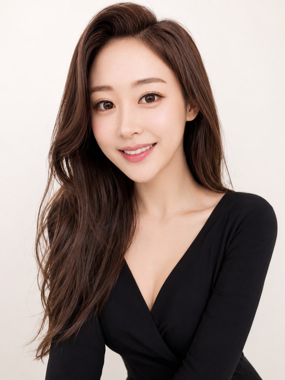 비기닝 프로필 46/63 — 사이드 롱 웨이브 · 맑은 코랄 메이크업으로 화사하고 자신감 있는 인상을 살렸습니다.