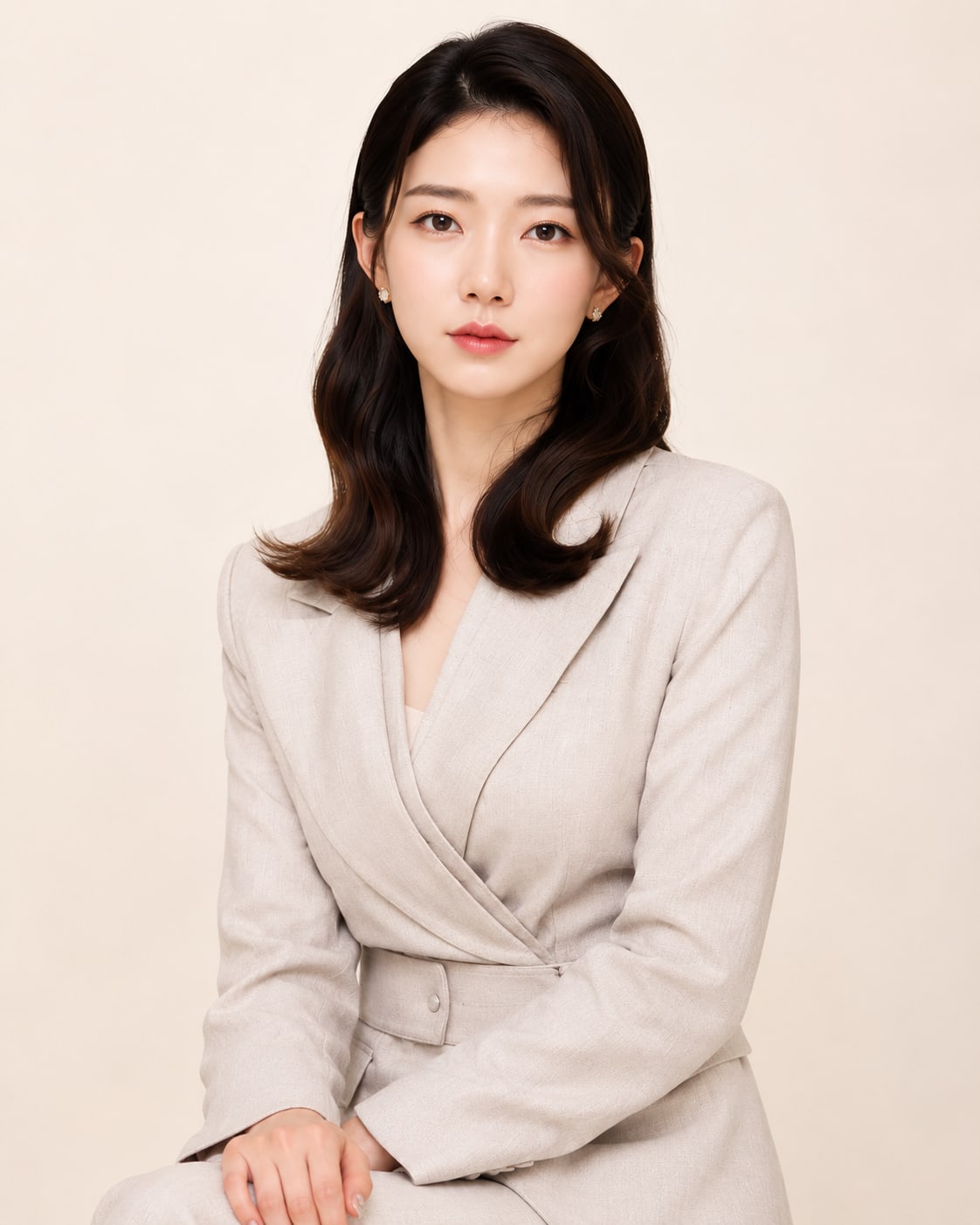 비기닝 프로필 48/63 — 미디엄 C컬 · 깨끗한 피부와 누드 코랄 립으로 지적이고 신뢰감 있는 분위기를 연출했습니다.