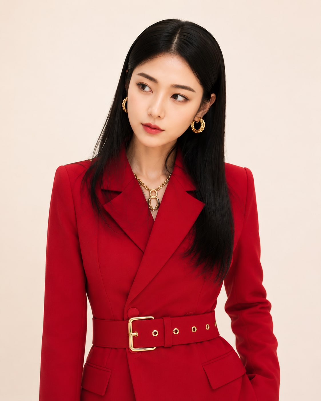 비기닝 프로필 49/63 — 센터 파트 롱 스트레이트 · 선명한 레드 립으로 강렬하고 카리스마 있는 프로필을 완성했습니다.