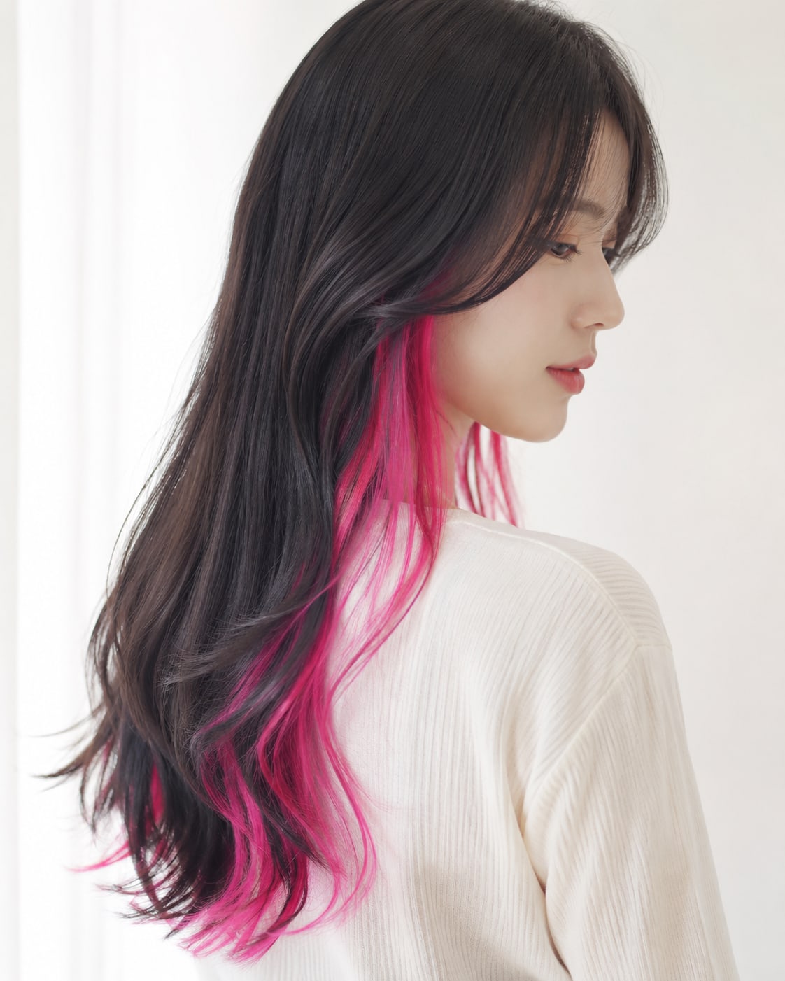 비기닝 헤어 컬러 08/19 — 블랙 핑크 포인트 · 깊은 블랙 베이스에 선명한 핑크 포인트를 더한 개성 있는 투톤 컬러.