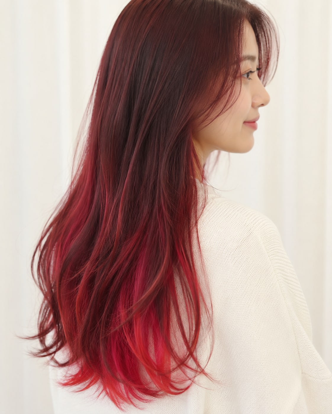 비기닝 헤어 컬러 09/19 — 버건디 핑크 그라데이션 · 짙은 버건디에서 핑크로 이어지는 컬러감이 입체적인 움직임을 더합니다.