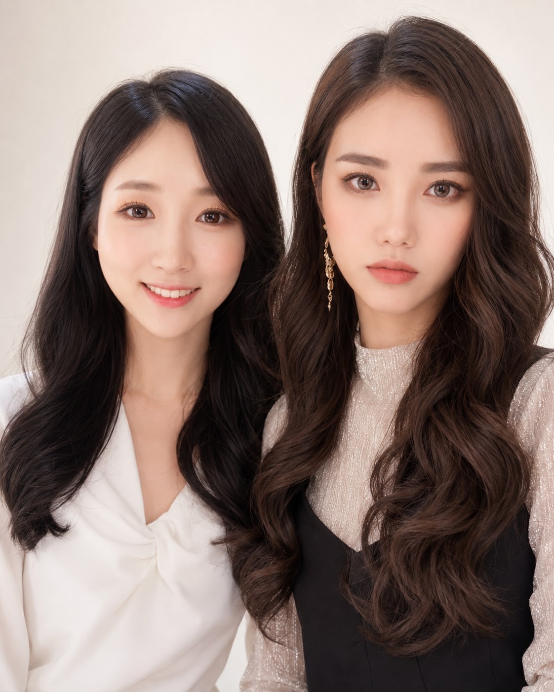 비기닝 롱 헤어 13/41 — 투 무드 롱 웨이브 스타일 · 서로 다른 컬러와 웨이브 질감으로 각기 다른 롱헤어 무드를 보여줍니다.