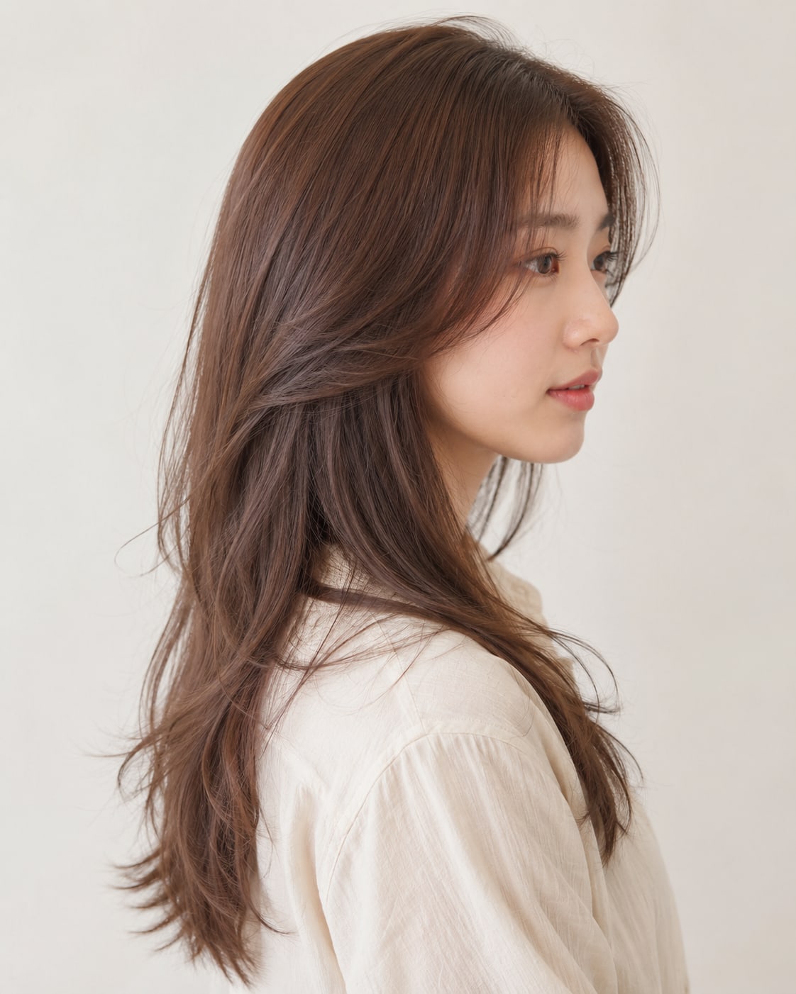 비기닝 롱 헤어 16/41 — 페이스라인 레이어드 롱 · 턱선부터 이어지는 층과 가벼운 끝선으로 자연스러운 움직임을 살렸습니다.
