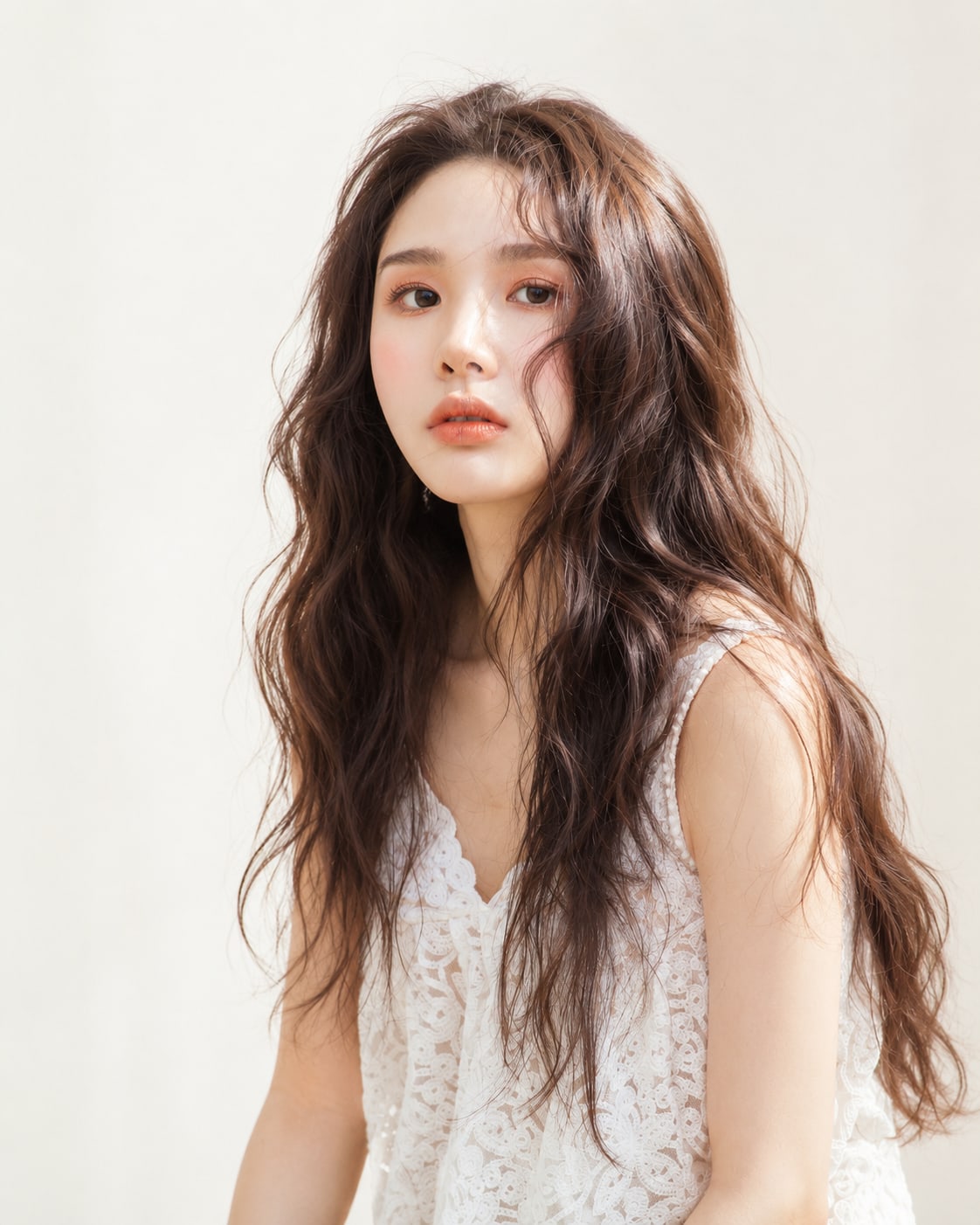 비기닝 롱 헤어 18/41 — 러프 롱 웨이브 · 자연스럽게 흐트러진 굵은 컬로 감성적이고 자유로운 분위기를 연출했습니다.