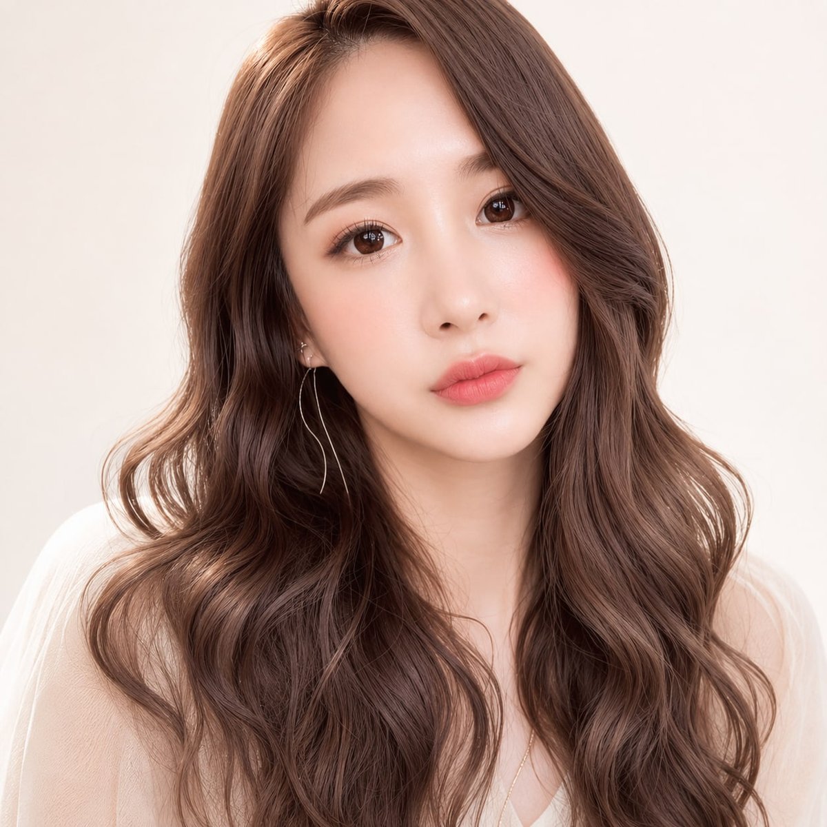 비기닝 롱 헤어 21/41 — 사이드 파트 로맨틱 웨이브 · 부드럽게 흐르는 브라운 컬로 우아하고 여성스러운 분위기를 표현했습니다.
