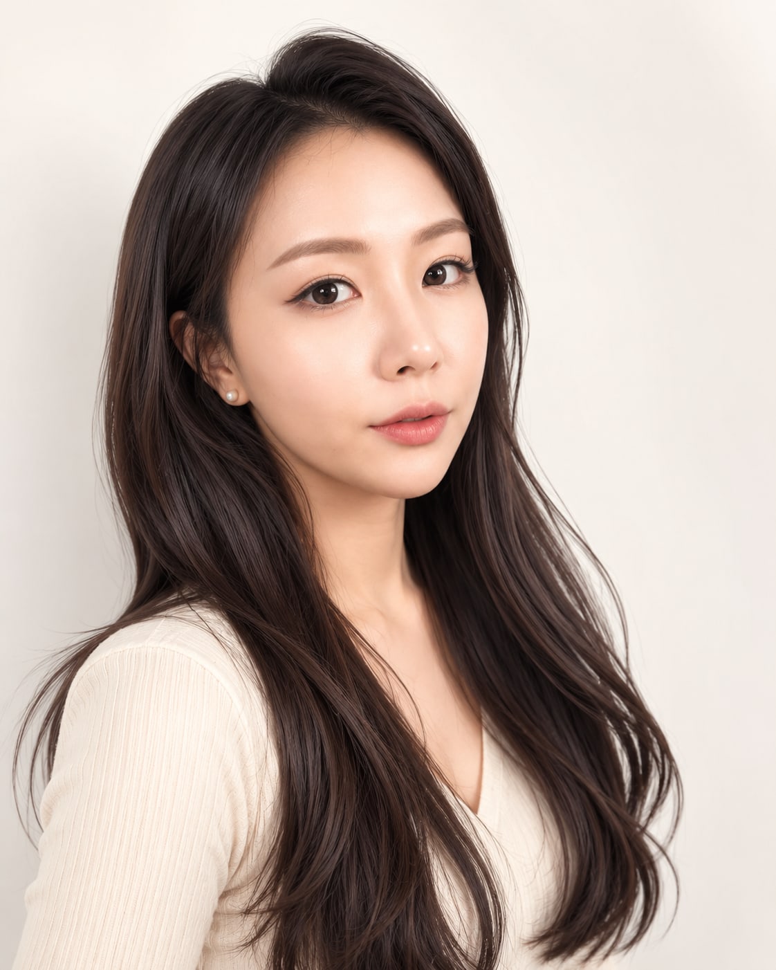 비기닝 롱 헤어 22/41 — 센터 파트 레이어드 C컬 · 얼굴선을 따라 정돈된 층과 끝선 컬로 세련된 롱헤어를 완성했습니다.