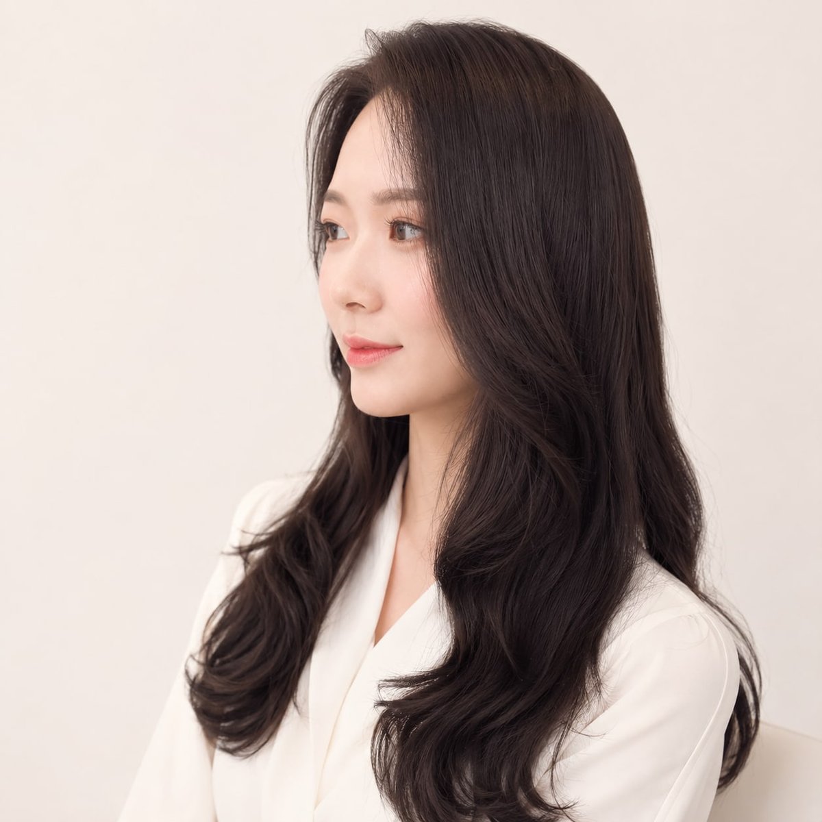 비기닝 롱 헤어 23/41 — 사이드 파트 블랙 C컬 · 차분한 블랙 컬러와 매끄러운 끝선으로 단아하고 안정적인 인상을 살렸습니다.