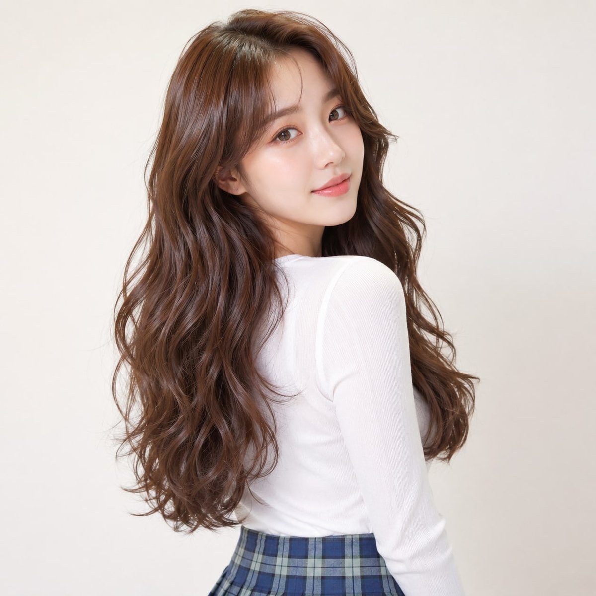 비기닝 롱 헤어 28/41 — 백라인 볼륨 웨이브 · 등선을 따라 풍성하게 흐르는 긴 웨이브로 로맨틱한 실루엣을 완성했습니다.