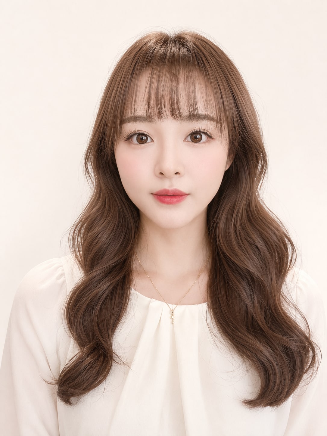 비기닝 롱 헤어 30/41 — 풀뱅 소프트 웨이브 · 반듯한 앞머리와 부드러운 컬감이 어우러진 러블리한 롱헤어.