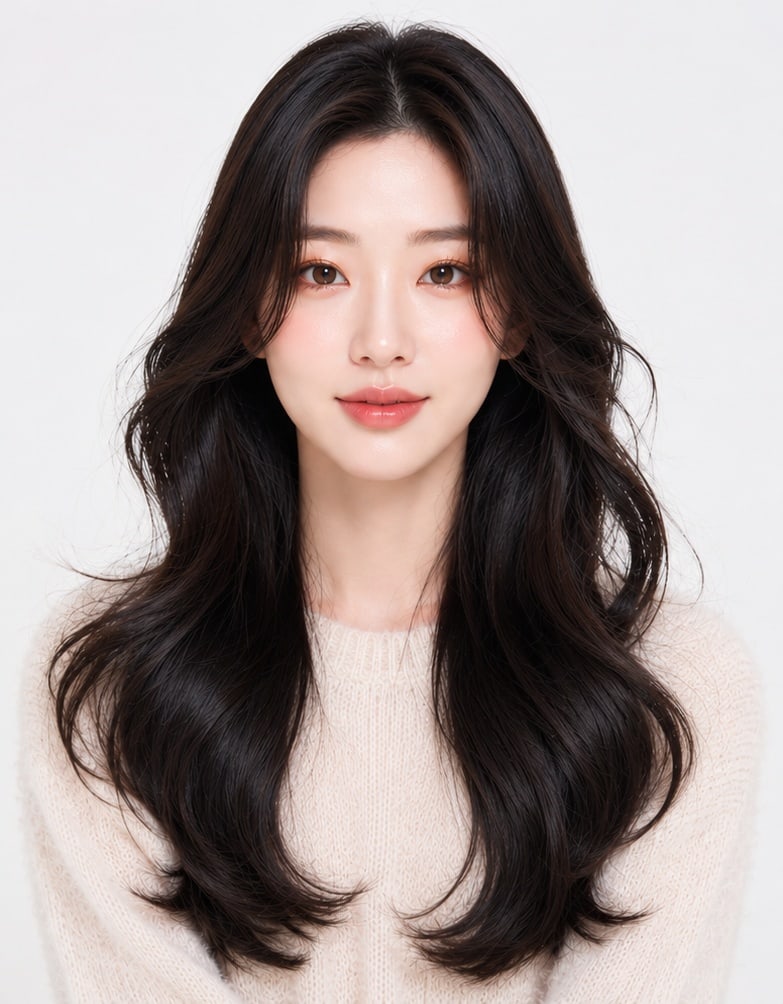 비기닝 롱 헤어 31/41 — 센터 파트 블랙 C컬 · 매끈한 윤기와 안쪽으로 정돈된 끝선으로 단아한 실루엣을 완성했습니다.