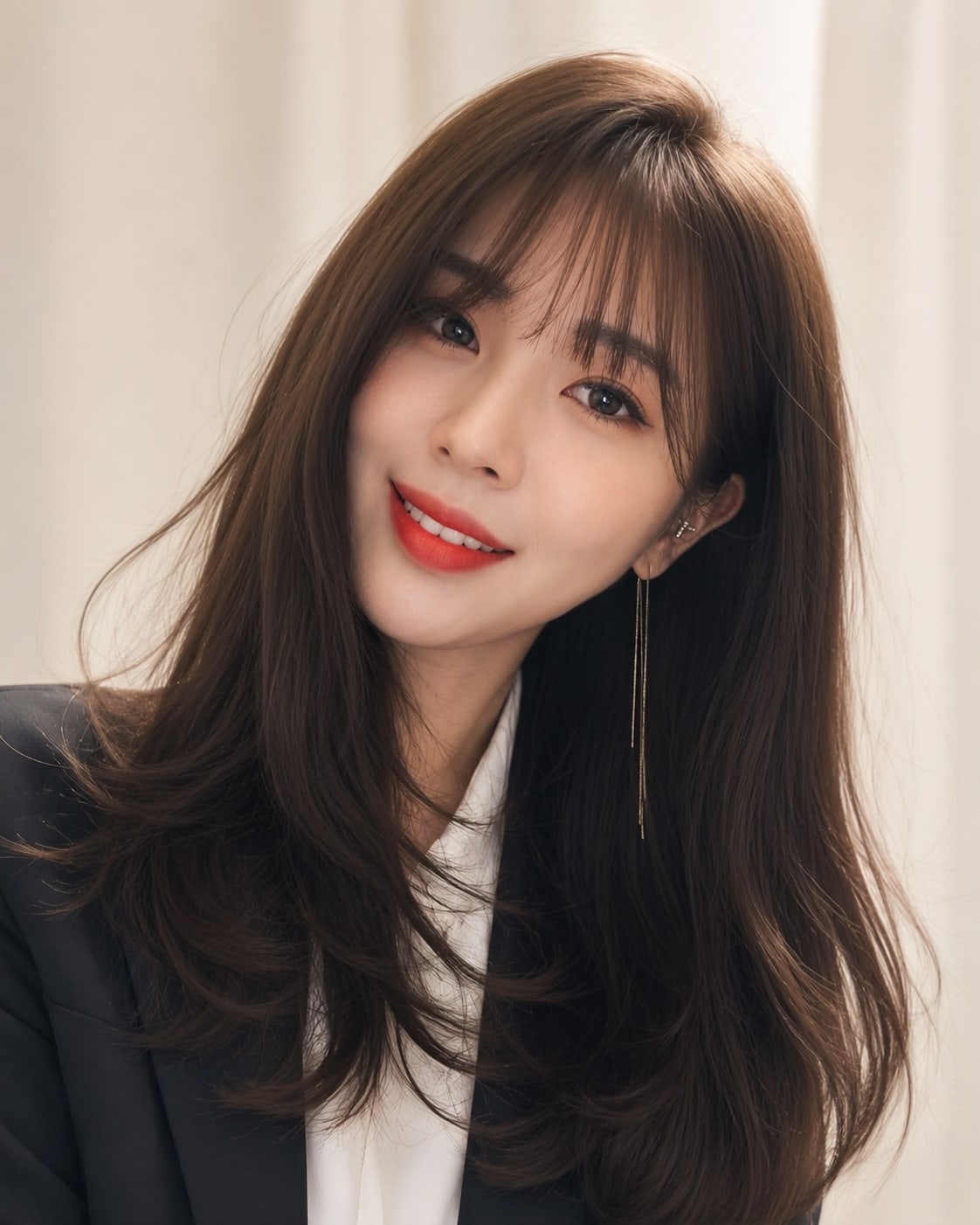 비기닝 롱 헤어 37/41 — 시스루뱅 레이어드 C컬 · 가벼운 앞머리와 얼굴선 층으로 세련되고 부드러운 인상을 완성했습니다.
