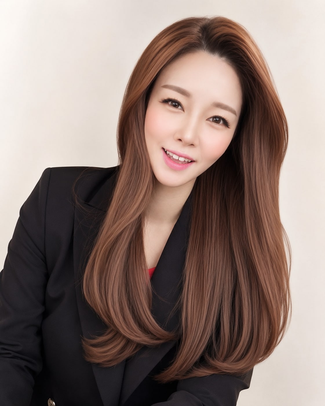 비기닝 롱 헤어 39/41 — 센터 파트 원랭스 C컬 · 매끈한 긴 기장과 안쪽으로 말린 끝선으로 고급스럽고 차분한 스타일.
