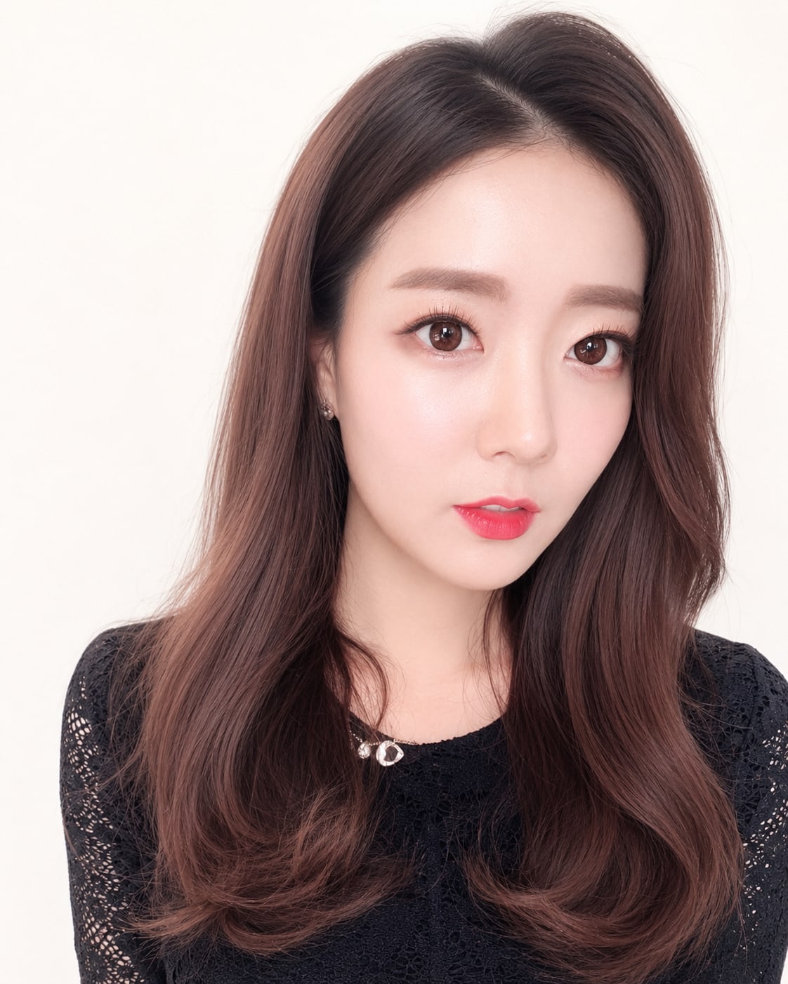 비기닝 미디엄 헤어 07/14 — 센터 파트 미디엄 웨이브 · 자연스럽게 흐르는 브라운 컬로 부드럽고 여성스러운 분위기를 살렸습니다.