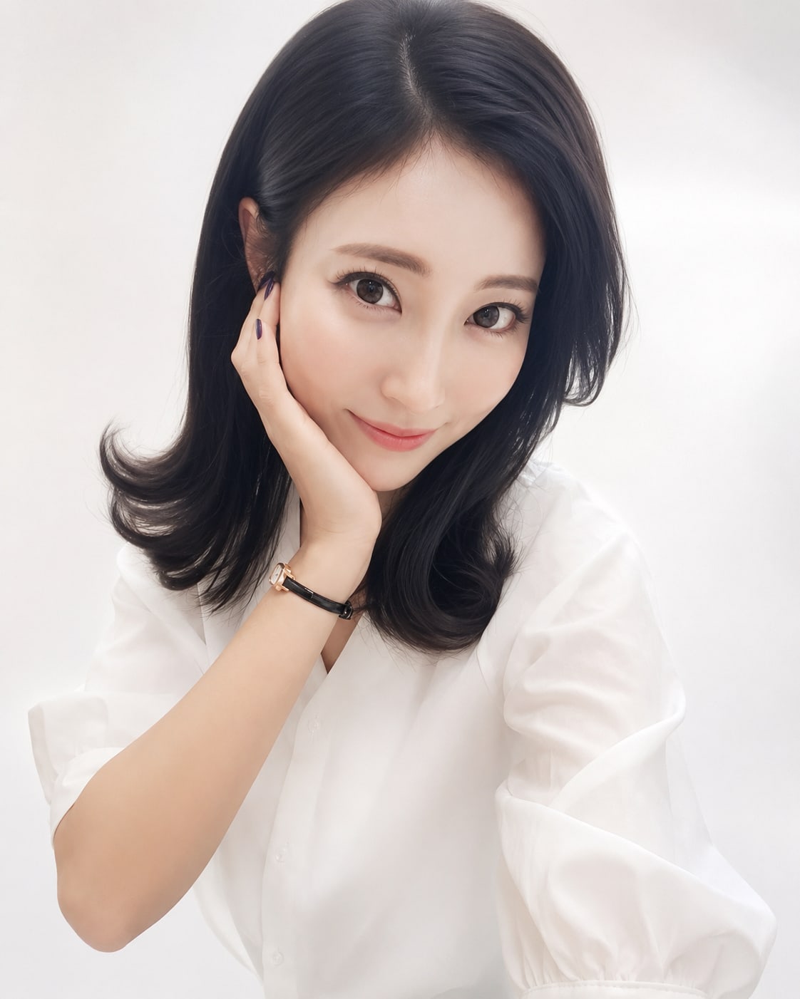 비기닝 미디엄 헤어 08/14 — 센터 파트 블랙 아웃컬 · 매끈한 윤기와 바깥으로 뻗는 끝선으로 세련되고 산뜻한 이미지를 완성했습니다.