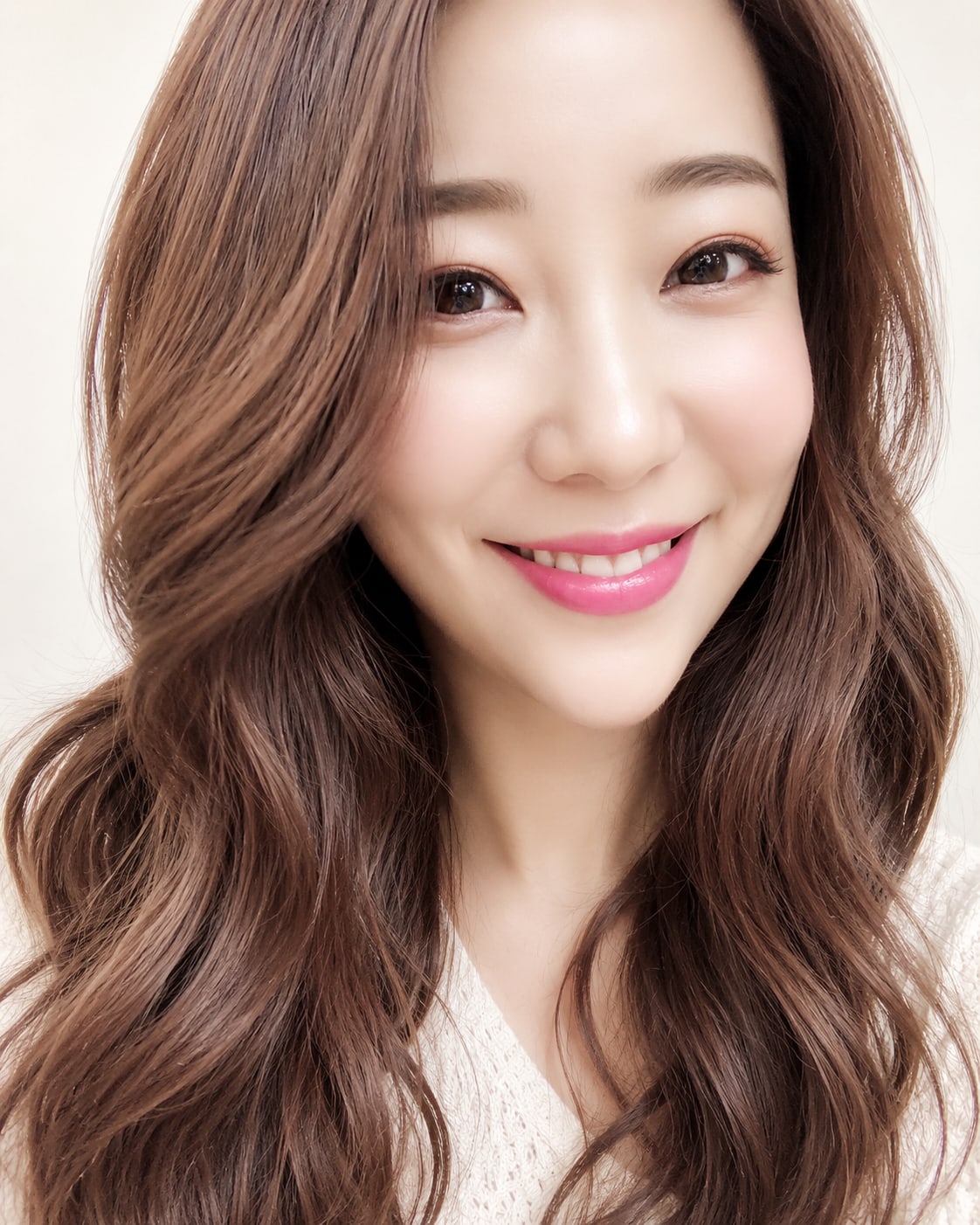 비기닝 미디엄 헤어 09/14 — 사이드 파트 소프트 웨이브 · 부드러운 브라운 컬과 자연스러운 볼륨으로 화사하고 편안한 분위기를 연출했습니다.