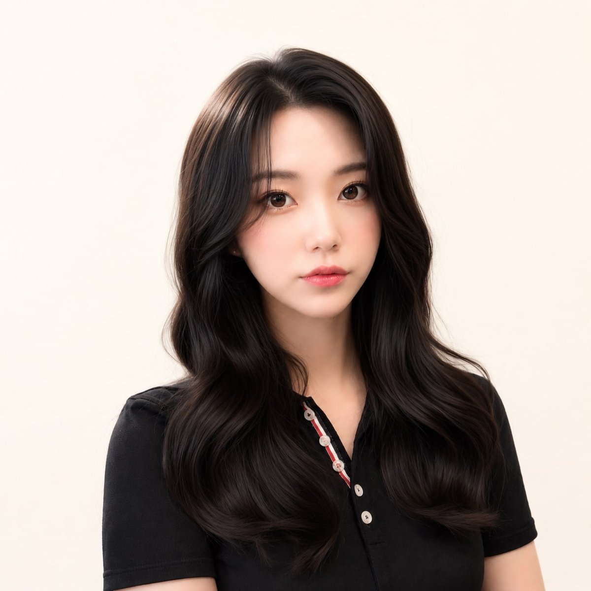 비기닝 미디엄 헤어 11/14 — 센터 파트 볼륨 웨이브 · 풍성한 블랙 컬과 입체적인 볼륨으로 우아하고 고급스러운 실루엣을 살렸습니다.