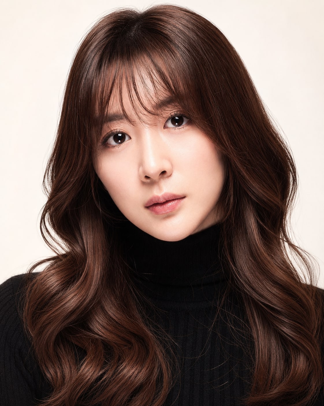 비기닝 미디엄 헤어 13/14 — 시스루뱅 글램 웨이브 · 부드러운 앞머리와 풍성한 브라운 컬로 여성스럽고 고급스러운 스타일.