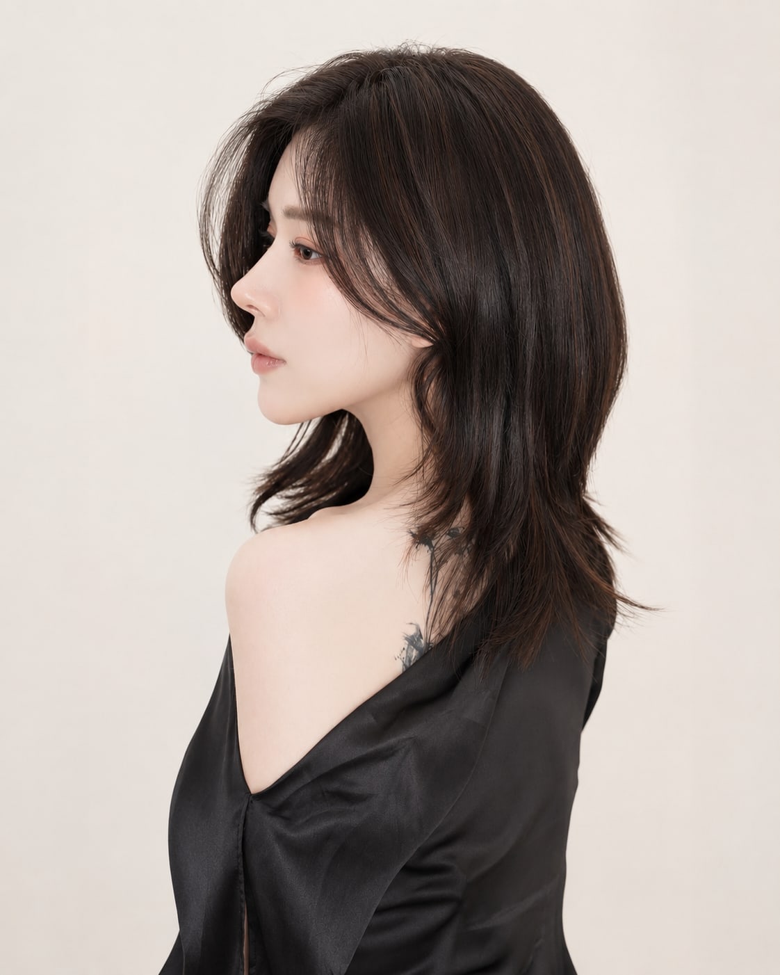 비기닝 미디엄 헤어 14/14 — 사이드 파트 레이어드 허쉬컷 · 가벼운 층과 자연스러운 끝선으로 시크하고 감각적인 실루엣을 살렸습니다.