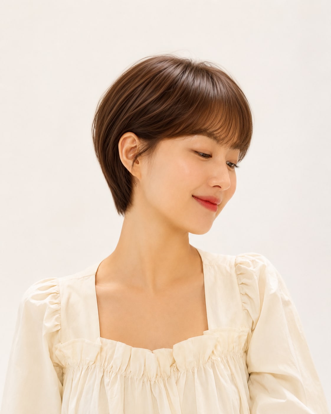 비기닝 숏 헤어 11/12 — 라운드 픽시 컷 · 부드럽게 감싸는 라운드 실루엣과 짧은 기장으로 세련되고 경쾌한 분위기를 연출했습니다.
