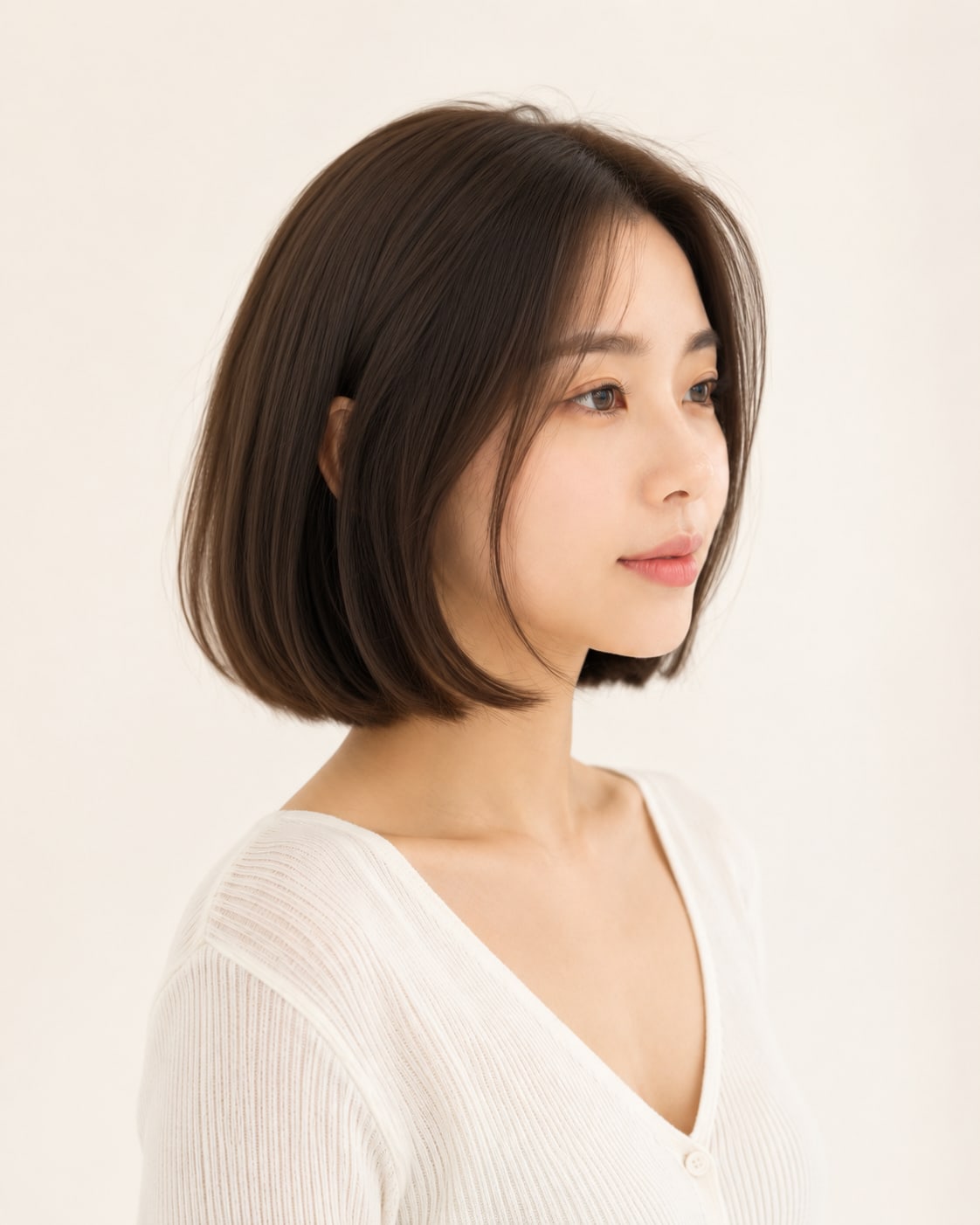 비기닝 숏 헤어 12/12 — 센터 파트 원랭스 보브 · 간결한 라인과 자연스러운 안쪽 컬로 모던하고 고급스러운 인상을 완성했습니다.