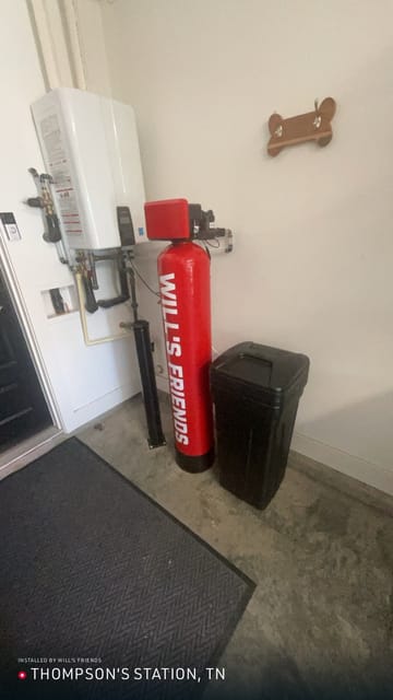 Will's Friends water softener and tankless water heater installed in a Thompson's Station, TN garage