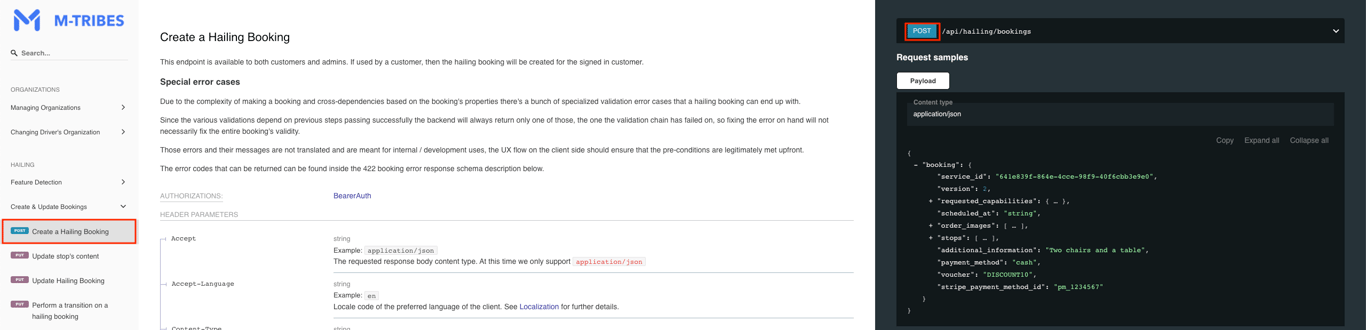 A visual example of how the API documentation looks for the Create Hailing Booking endpoint