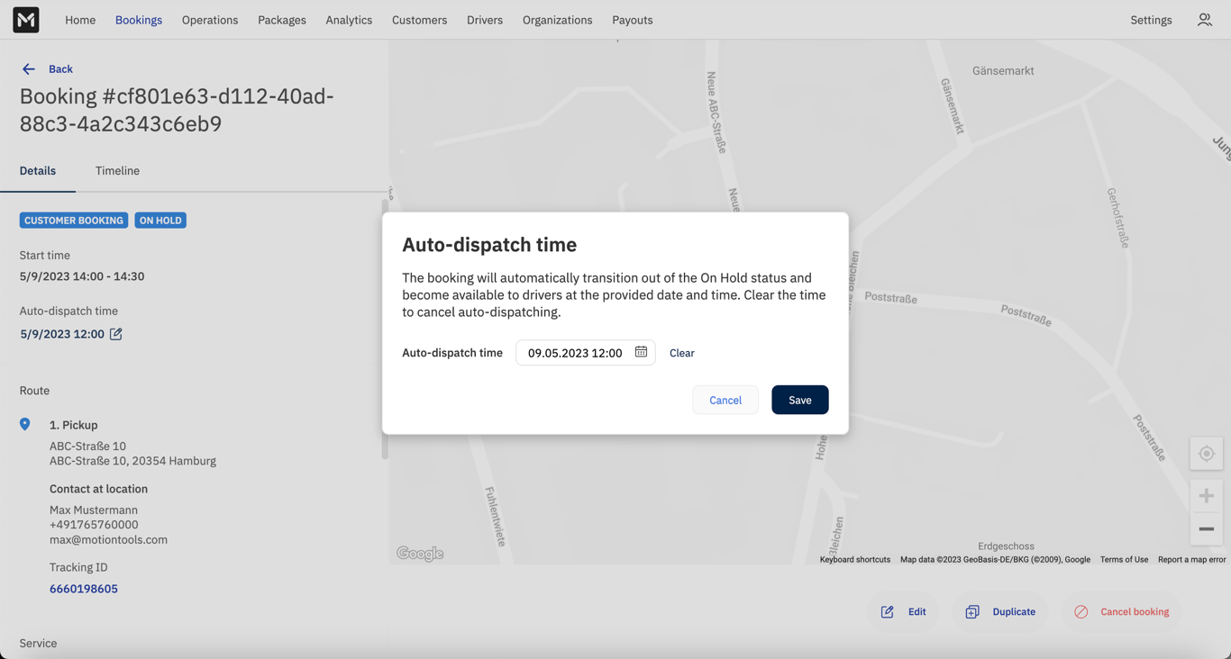 Managing the auto-dispatch time on the Booking Details page