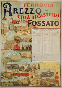 Orario ferroviario su manifesto d'epoca della ferrovia Arezzo-Fossato (FAC)