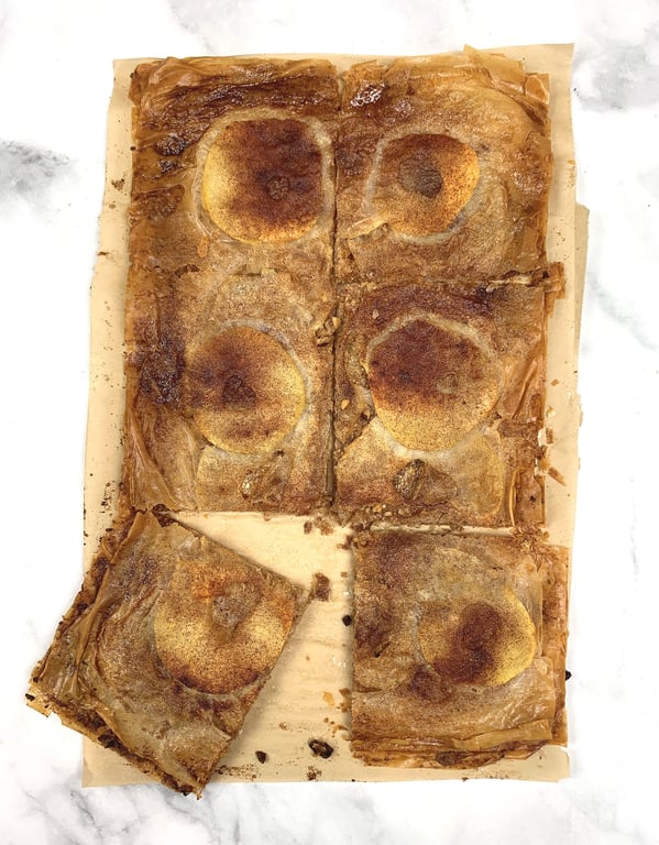 Image from top down of the Apple pecan phyllo crisp cut in 6 pieces.