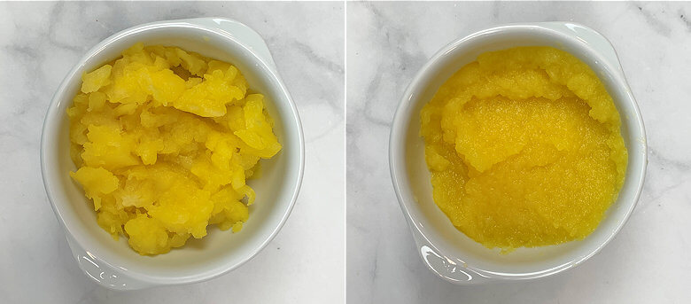 Two white bowls, one with smooth and one with chunky applesauce
