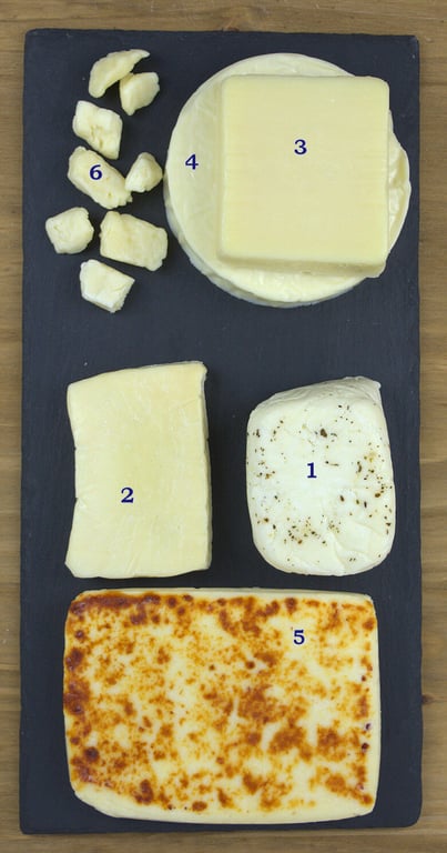 Variety of grilling cheeses, numbered for this quick guide of grilling cheese