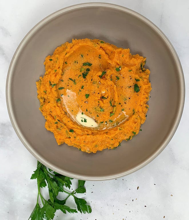 Savory Mashed Sweet Potatoes        with dollop of butter and parsley