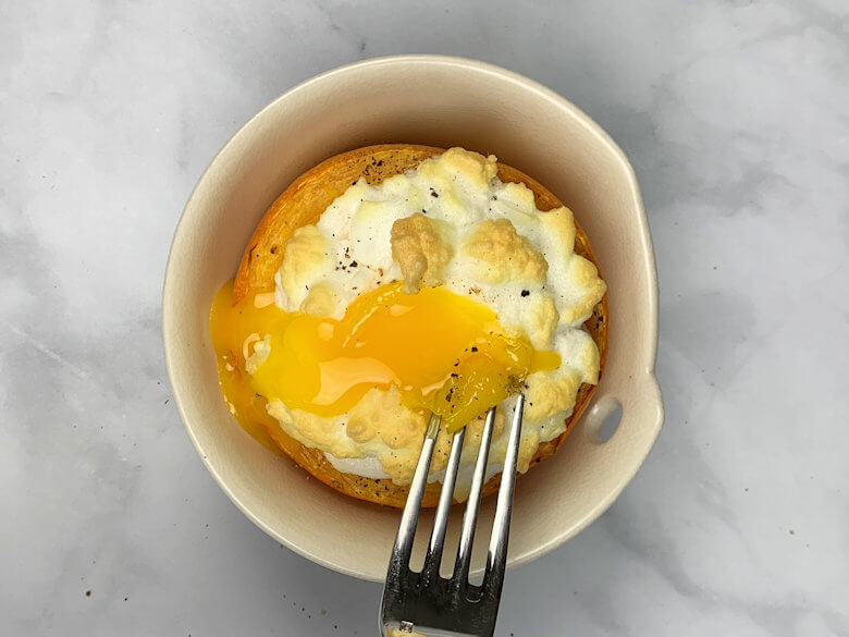 Spaghetti squash with cloud egg and runny yolk.