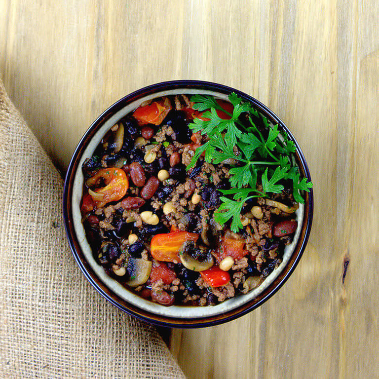 Top down picture of Three Beans Bake with Tomato and Beef