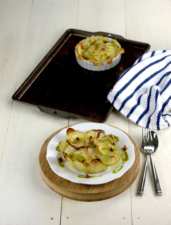 Picture of Tofu and Pesto Small Potato Tart in dish and on plate