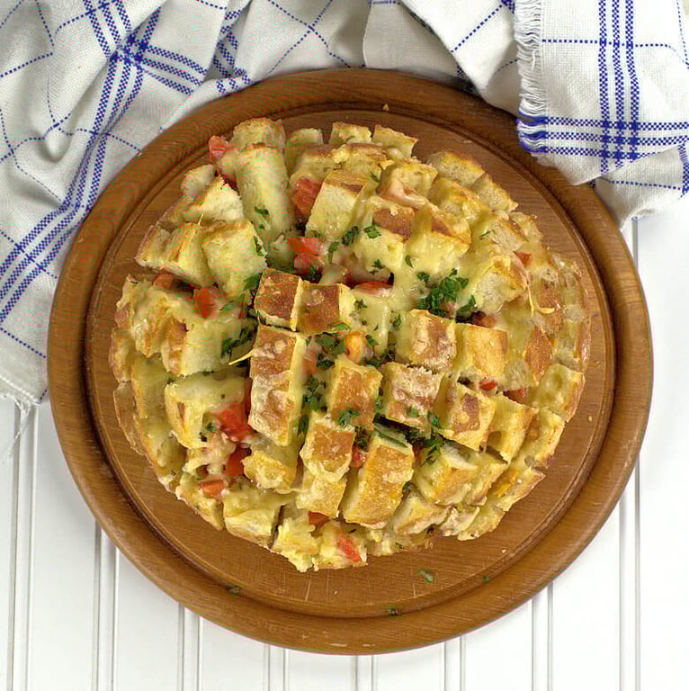 Top down picture of Tomato Cheese Pull Apart Bread