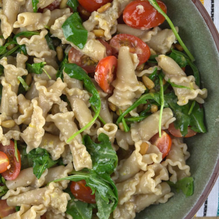 Close up picture of Whole Grain Trumpets with Tomatoes and Arugula