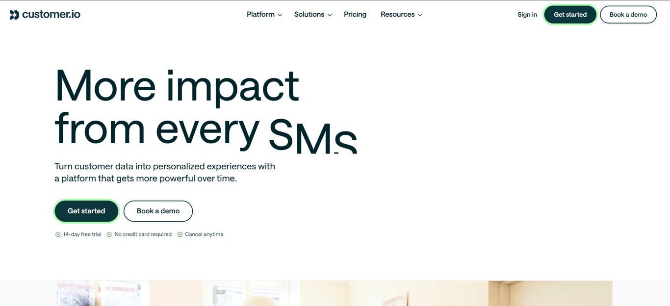 Homepage of Customer.io SS