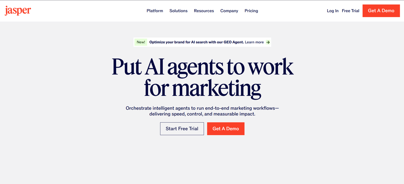 Jasper homepage showing the headline "Put AI agents to work for marketing" 