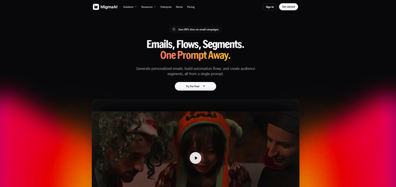 Migma AI marketers page with email and flow generation features