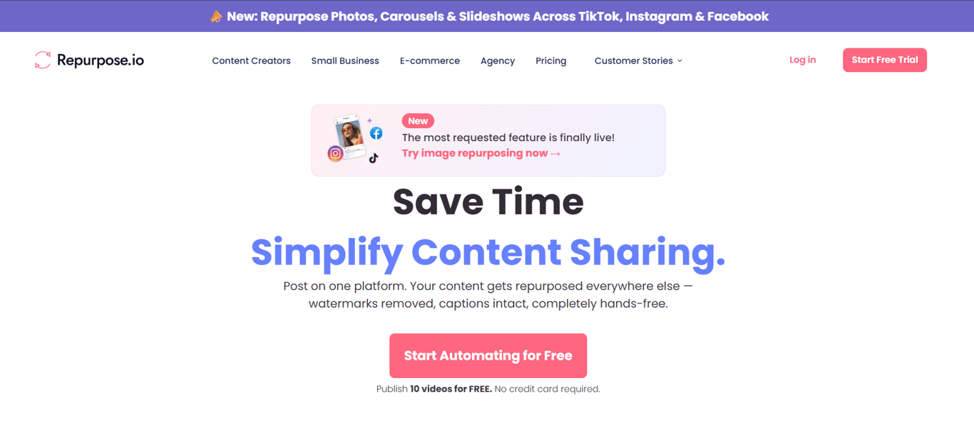 Repurpose.io homepage showing the headline "Save Time. Simplify Content Sharing." 