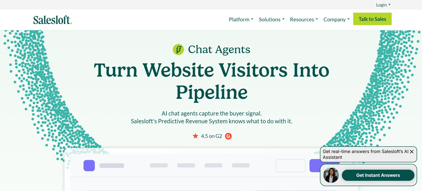 Salesloft Chat Agents page showing the headline "Turn Website Visitors Into Pipeline" 