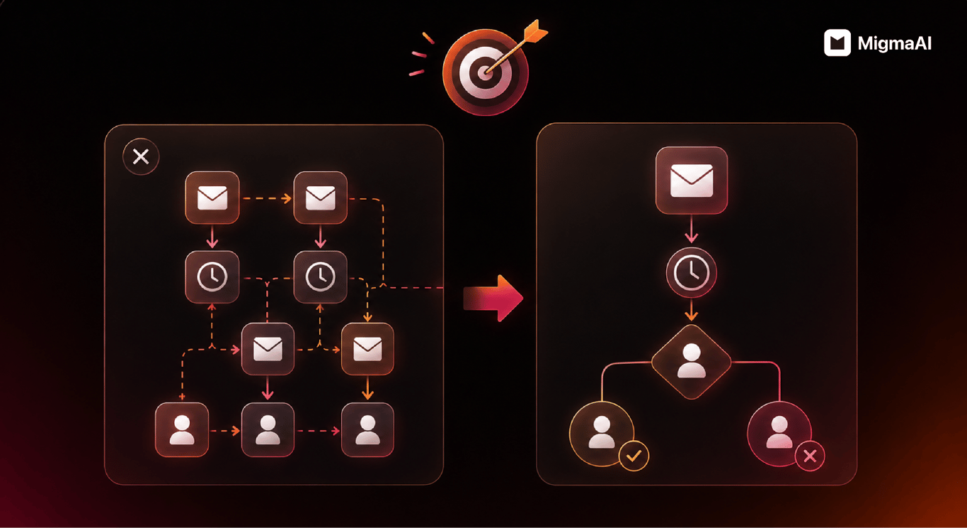 MigmaAI illustration contrasting a complex, tangled email workflow with a streamlined alternative: a single sequence of email