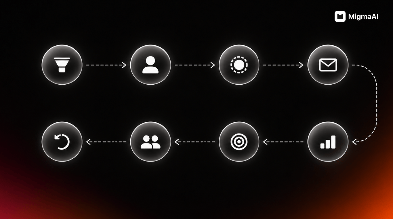 MigmaAI diagram illustrating a self-improving email marketing loop: contacts are filtered, profiled, and targeted before sending