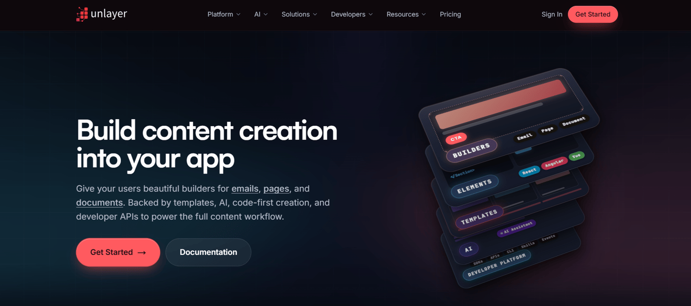 Unlayer content builder platform for email creation.